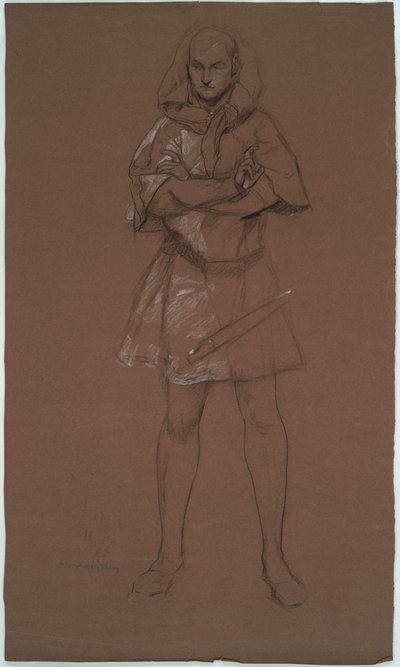 Figurenstudie. Man in middeleeuws kostuum. Mogelijk een studie voor door Edwin Austin Abbey