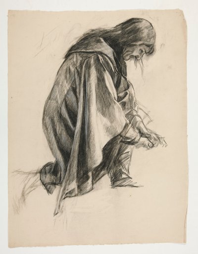 Figurenstudie voor Sir Lancelot en Sir Bors kleden Galahad aan met zijn sporen, uit De zoektocht naar de Heilige Graal (tweede van een serie van vijftien schilderijen voor de Boston Public Library, voltooid in 1901) door Edwin Austin Abbey