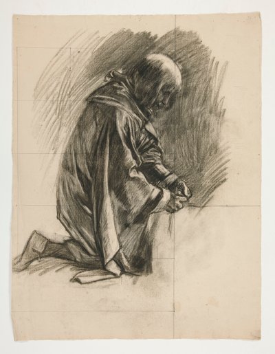 Figurenstudie voor Sir Lancelot en Sir Bors die Galahad uitrusten met zijn sporen, uit De zoektocht naar de Heilige Graal door Edwin Austin Abbey