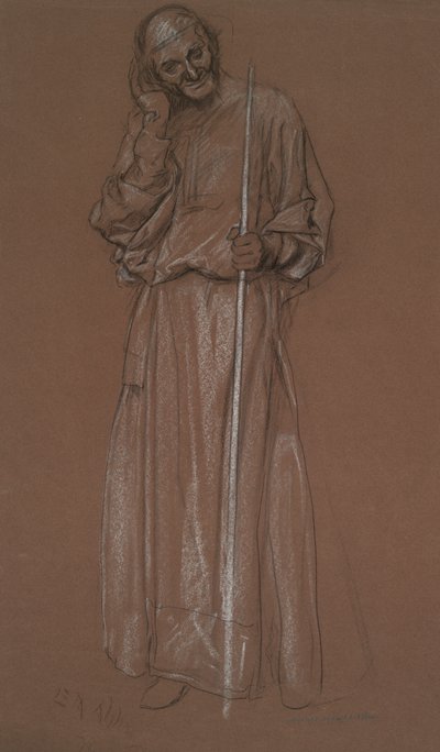 Figuurstudie, oude man met staf, mogelijk Polonius door Edwin Austin Abbey