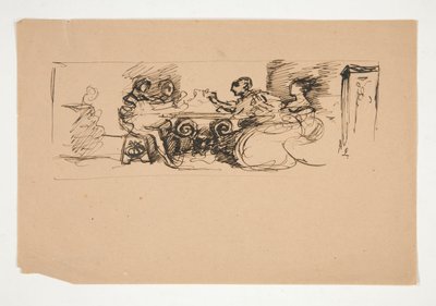 Figuren aan een tafel - niet-geïdentificeerde illustratie door Edwin Austin Abbey