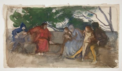 Figuren zittend langs een buitenbank door Edwin Austin Abbey