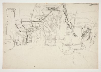 Figuren die tussen oude ruïnes lopen(?) - (niet-geïdentificeerde illustratie) door Edwin Austin Abbey