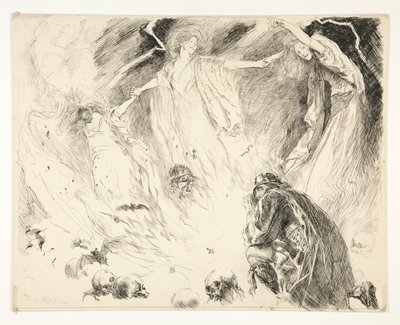 Eerste verschijning: Macbeth! Macbeth! Macbeth! pas op voor Macduff., Act IV, Scene 1, Macbeth door Edwin Austin Abbey