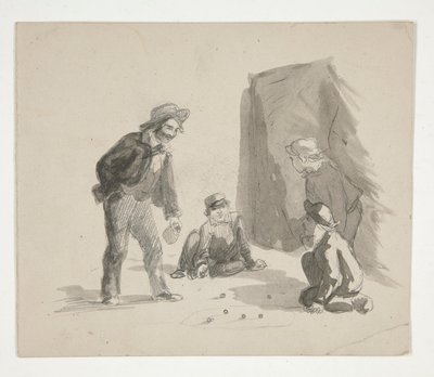 Vier jongens die knikkeren (recto); Onbekende illustratie van jongen bij ezel in interieur (verso) door Edwin Austin Abbey