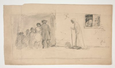 Groep figuren buiten stenen huis - ongeïdentificeerde illustratie door Edwin Austin Abbey