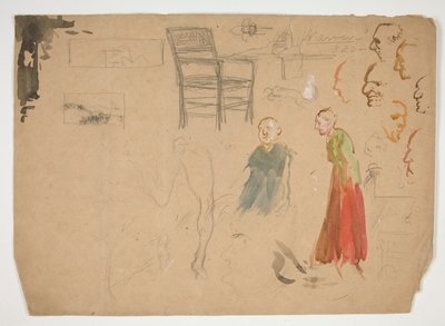 Hoofd- en figuurstudies, en studie van een stoel (recto); Schetsen voor boekillustraties (verso) door Edwin Austin Abbey