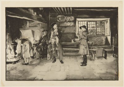 Illustratie voor Goldsmiths She Stoops to Conquer: „Niet beledigend bedoeld, maar vraag om vraag is eerlijk, weet u“ door Edwin Austin Abbey