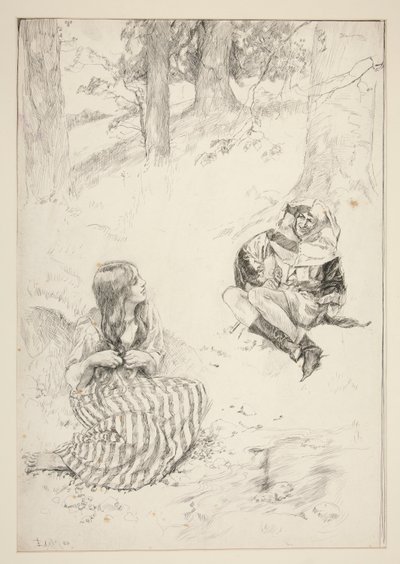 Nar en vrouw, schets voor The Daffodil Song door Edwin Austin Abbey