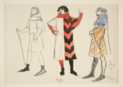 Jongleur en heer, kostuumschets voor Henry Irving door Edwin Austin Abbey