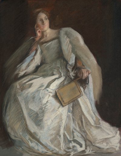 Dame in het wit zittend. Rechterhand aan kin. Waaier vasthoudend. door Edwin Austin Abbey