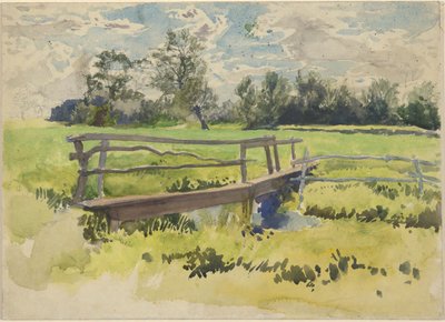 Landschap, moeras en brug door Edwin Austin Abbey