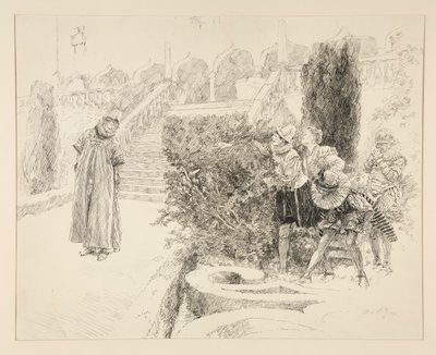 Malvolio vindt de brief, illustratie voor Act II, Scene v, Twelfth Night door Edwin Austin Abbey