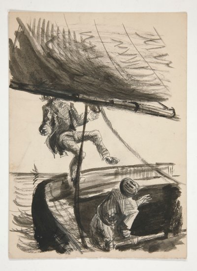 Man die overboord wordt geslagen door giek van zeilboot (recto); Onbekende illustratie van jongen die man schoenen poetst door Edwin Austin Abbey