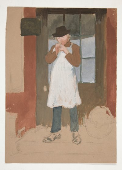 Man die een pijp aansteekt in de deuropening - niet-geïdentificeerde illustratie door Edwin Austin Abbey