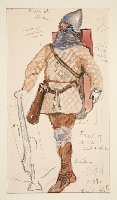 Man van Wapens, kostuumschets voor Henry Irving door Edwin Austin Abbey