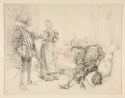 Maria, Sir Andrew en Toby, illustratie voor Act I, Scene iii, Driekoningenavond door Edwin Austin Abbey