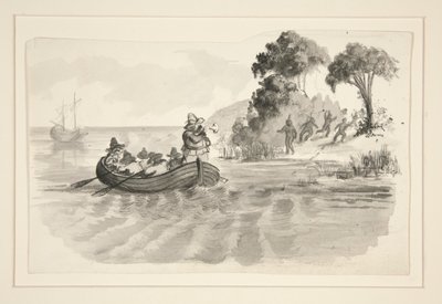 Mannen in roeiboot vluchten voor indianen aan de kust - niet-geïdentificeerde illustratie (Columbus ontdekt de Nieuwe Wereld?) - ontdekkingsreizigers landen in de Nieuwe Wereld door Edwin Austin Abbey