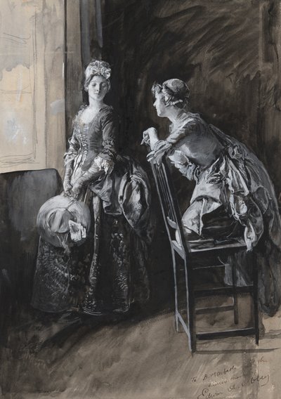Miss Neville en Miss Hardcastle, illustratie voor Oliver Goldsmith door Edwin Austin Abbey
