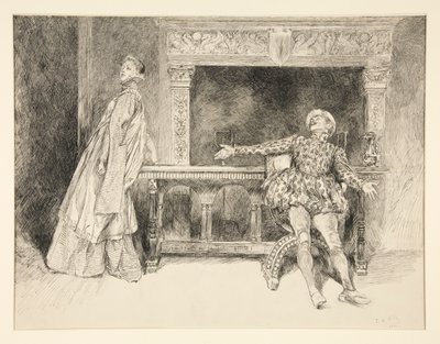 Petruchio plaagt Katharina, uit Act II, Scene i, Taming of the Shrew door Edwin Austin Abbey