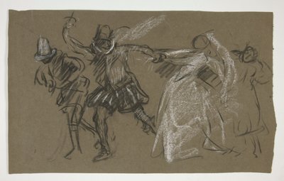 Petruchio trekt Katharina, uit Taming of the Shrew (recto); Schets van zittende figuur (verso) door Edwin Austin Abbey