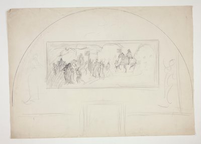 Plan voor de installatie van een van de muurschilderingen van De zoektocht naar de Heilige Graal in de Boston Public Library door Edwin Austin Abbey