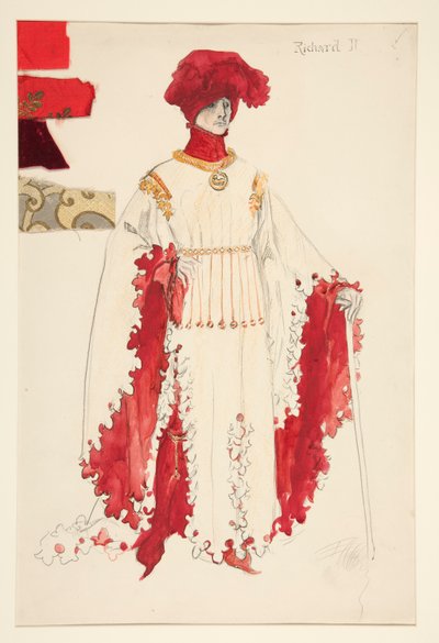 Richard II (in rood), kostuumschets voor Henry Irving door Edwin Austin Abbey