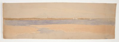 Rivierlandschap met stad aan de verre oever door Edwin Austin Abbey