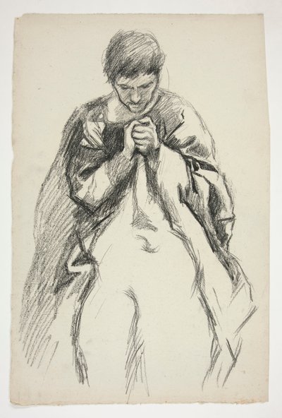 Geklede figuur, biddend: studie voor De zoektocht naar de Heilige Graal muurschildering serie in de Boston Public Library door Edwin Austin Abbey