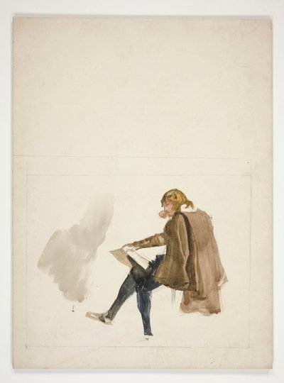 Zittende jonge man in bruine mantel, lezend - niet-geïdentificeerde illustratie door Edwin Austin Abbey