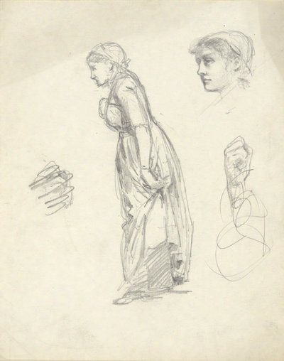 Blad met studies: vrouw, hoofd en handen door Edwin Austin Abbey