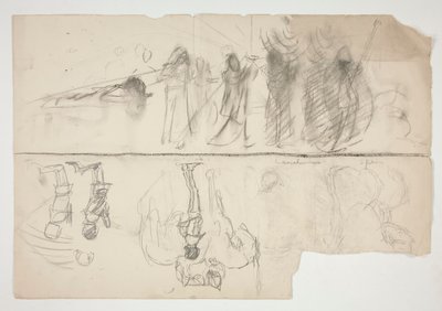 Blad met schetsen voor The Quest of the Holy Grail muurreeks in de Boston Public Library (recto); Ongeïdentificeerde schets (verso) door Edwin Austin Abbey