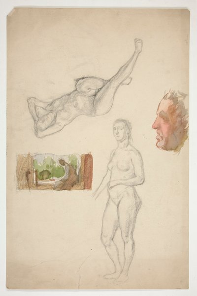 Blad met schetsen: twee naakte vrouwen, profiel van een man, figuur zittend in een interieur door Edwin Austin Abbey