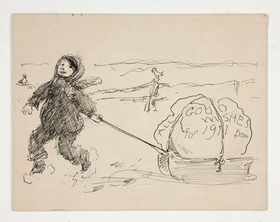 Schets voor een wenskaart: ALLE GOEDE WENSEN VOOR 1911 door Edwin Austin Abbey