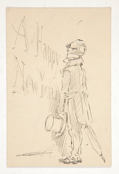Schets voor een nieuwjaarskaart: Gelukkig Nieuwjaar; studie van een man die een bord leest door Edwin Austin Abbey