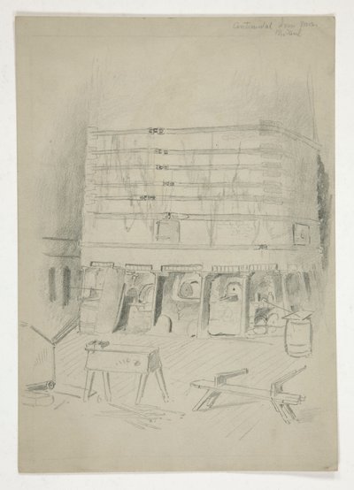 Schets van Continental Iron Works(?) [industriële binnenkant] door Edwin Austin Abbey