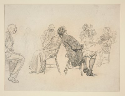 Schets van een stel dat een spel speelt, omringd door toeschouwers, in een interieur (?) - niet-geïdentificeerde illustratie door Edwin Austin Abbey