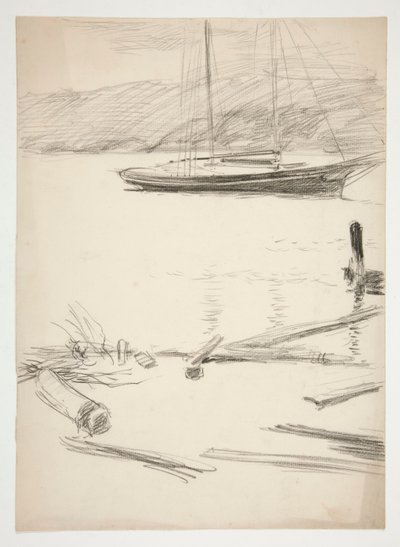 Schets van een dok en zeilboot door Edwin Austin Abbey