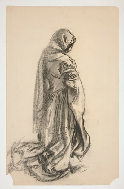 Schets van een knielende vrouwelijke figuur in roze jurk voor Galahad de Bevrijder, een van de Heilige Graal muurschilderingen in de Boston Public Library door Edwin Austin Abbey