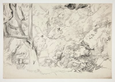 Schets van een landschap met boom, hek en vrouwelijke figuur door Edwin Austin Abbey