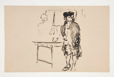 Schets van een man in revolutionaire kleding naast een tafel door Edwin Austin Abbey