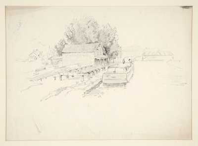 Schets van een pier, met vissersboot en dokwinkel door Edwin Austin Abbey