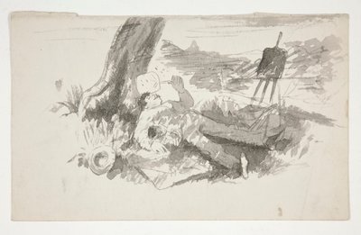 Schets van een plein-air schilder die een dutje doet onder een boom - niet-geïdentificeerde illustratie door Edwin Austin Abbey