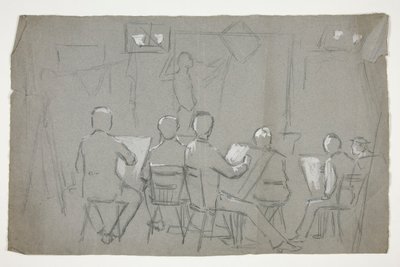 Schets van een kamer met studenten die een model tekenen door Edwin Austin Abbey