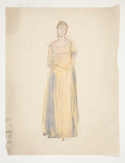 Schets van een vrouw (gekleed in geel) - kostuumstudie voor een toneelstuk? door Edwin Austin Abbey