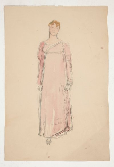 Schets van een vrouw in roze - kostuumstudie voor een toneelstuk? door Edwin Austin Abbey
