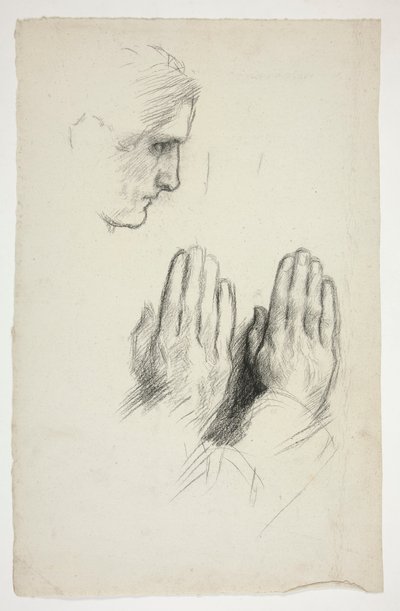Schets van een jonge man in profiel; schets van twee sets handen in gebed door Edwin Austin Abbey
