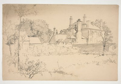 Schets van een exterieur: tuin, muur en groot Victoriaans huis door Edwin Austin Abbey