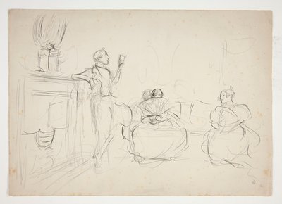 Schets van een interieur: man leest voor, vrouwen breien - niet-geïdentificeerde illustratie door Edwin Austin Abbey