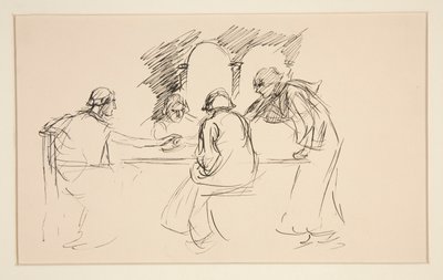 Schets van vier mannen in middeleeuwse kleding aan een tafel - niet-geïdentificeerde illustratie, mogelijk voor door Edwin Austin Abbey